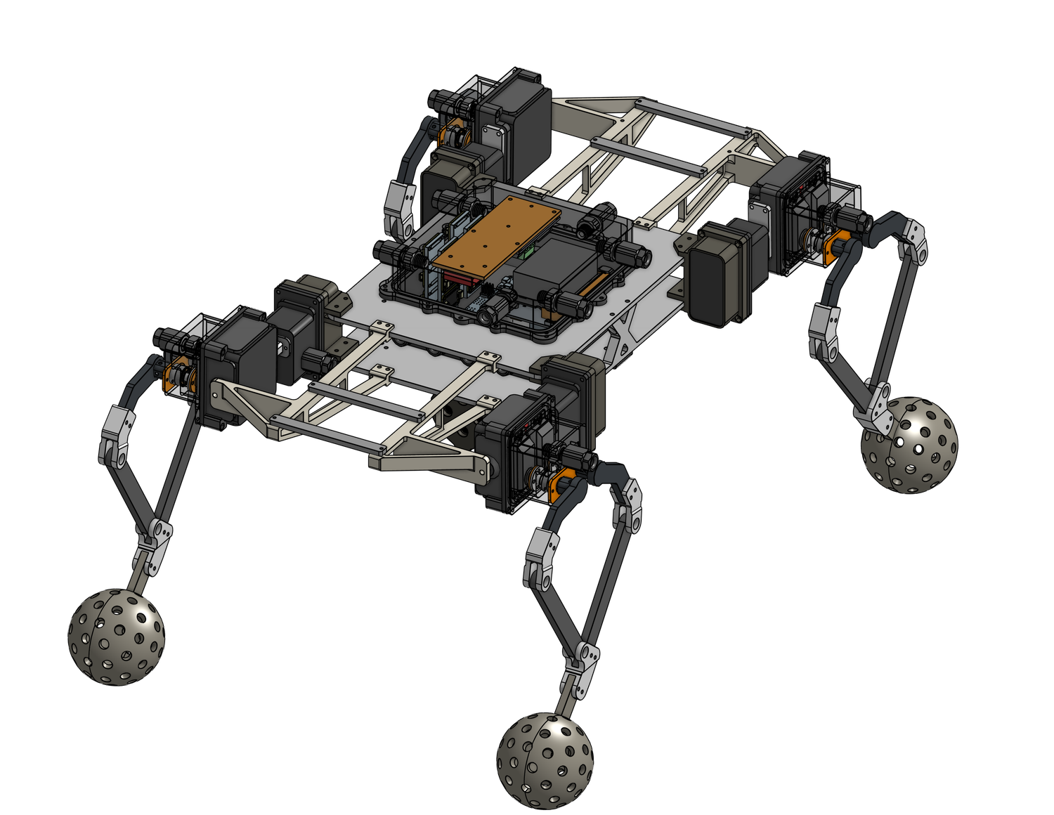 CAD render of the complete underwater quadruped assembly